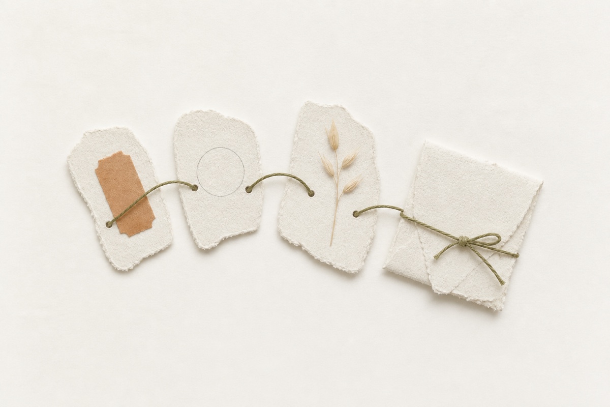 Paper fragments joined by olive thread and gathered into one folded pocket